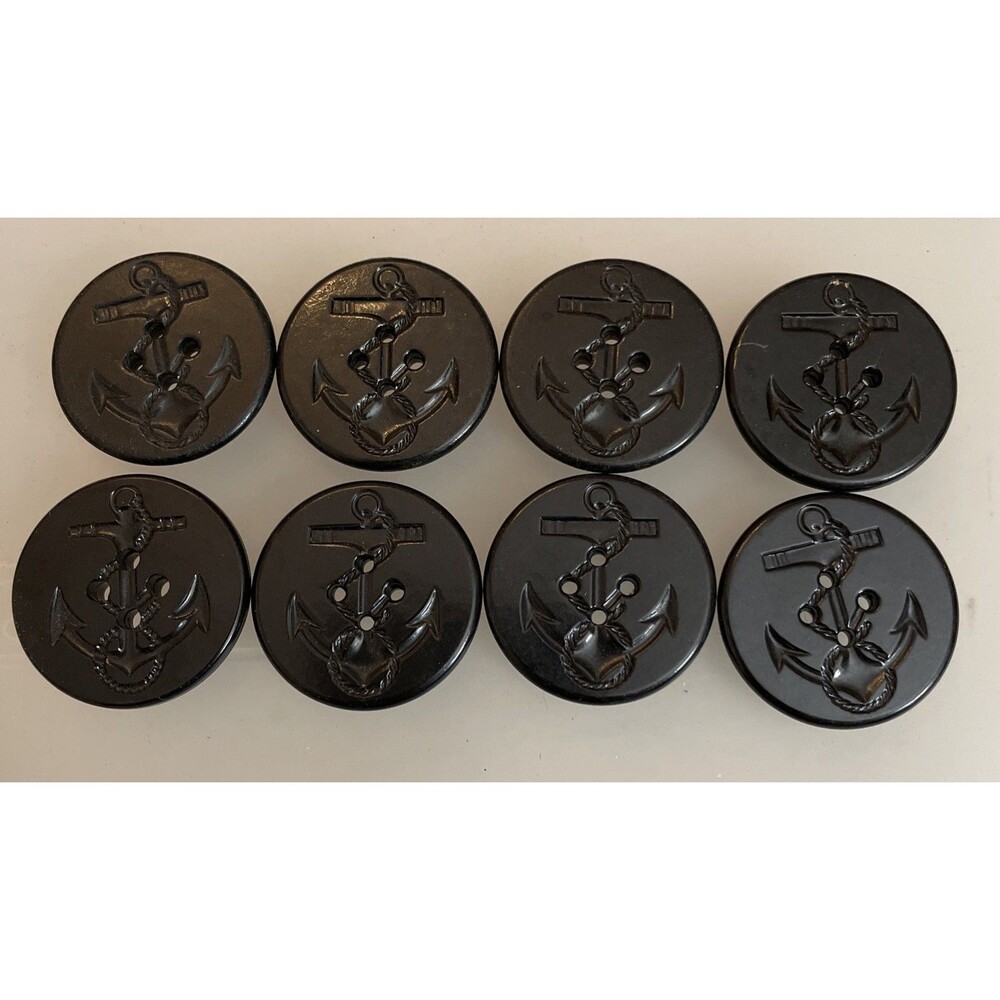 Vintage Navy Pea Coat Black Anchor Buttons 8 PCs Military Bakelite